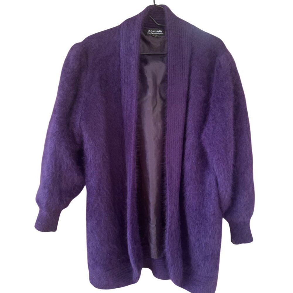 Vintage Veneska Womens  Size S Purple Open Front Angora & Nylon Cardigan Sweater